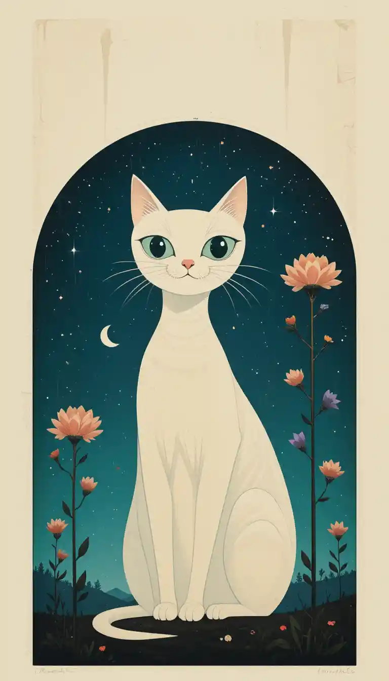 Minimal cat silhouette in a dreamy surreal night scene