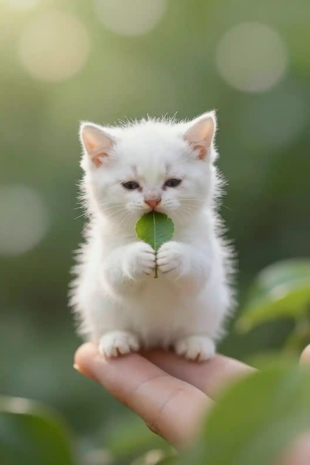 Minuscule chaton blanc reposant sur le bout d’un doigt avec une feuille verte