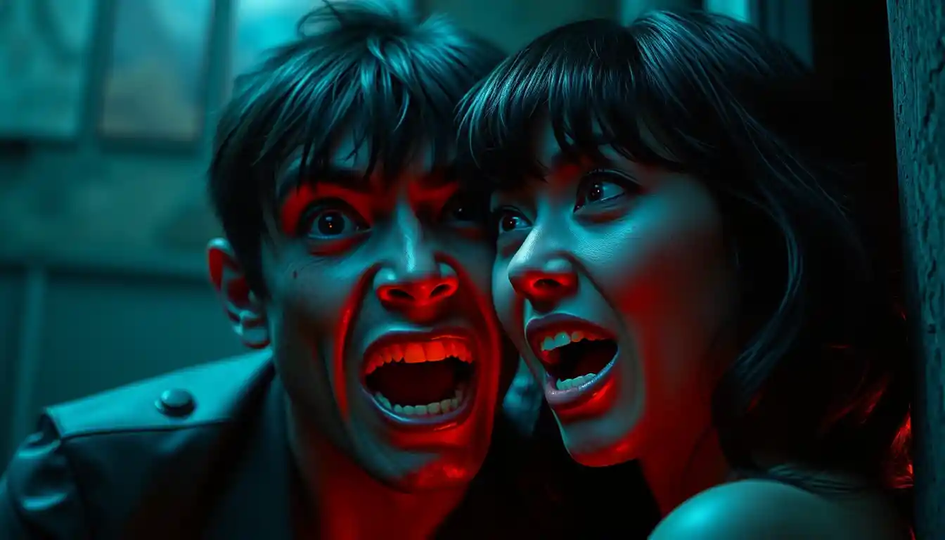 Mulher paranoica em tom de humor negro em um momento cinematográfico surreal