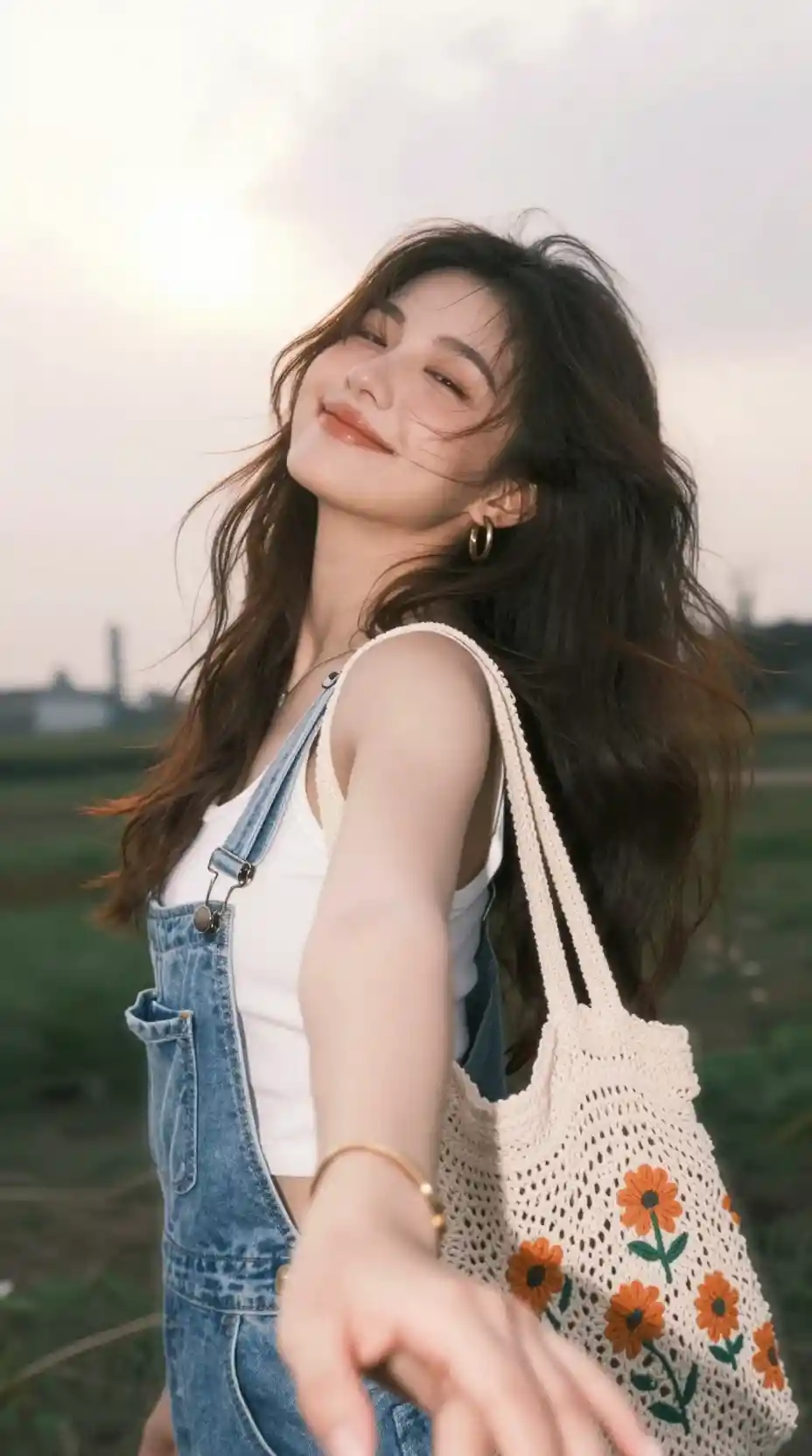 카메라를 향해 손을 뻗는 데님 멜빵바지를 입은 웃는 소녀