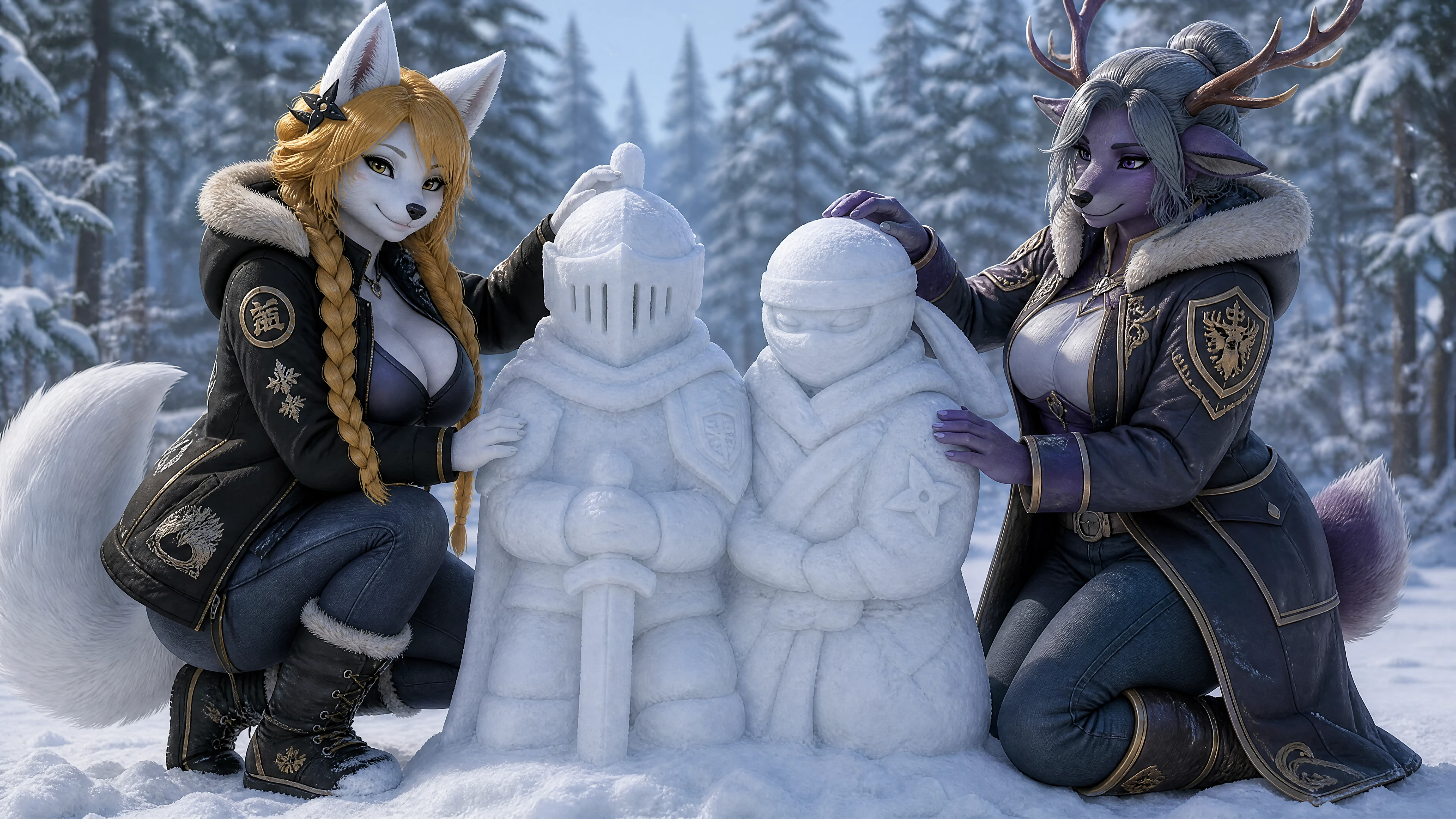 Anthro-Paar baut Schneestatuen im Winterwald