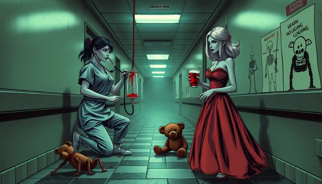 Nurse checking skeletal patient in eerie hospital corridor