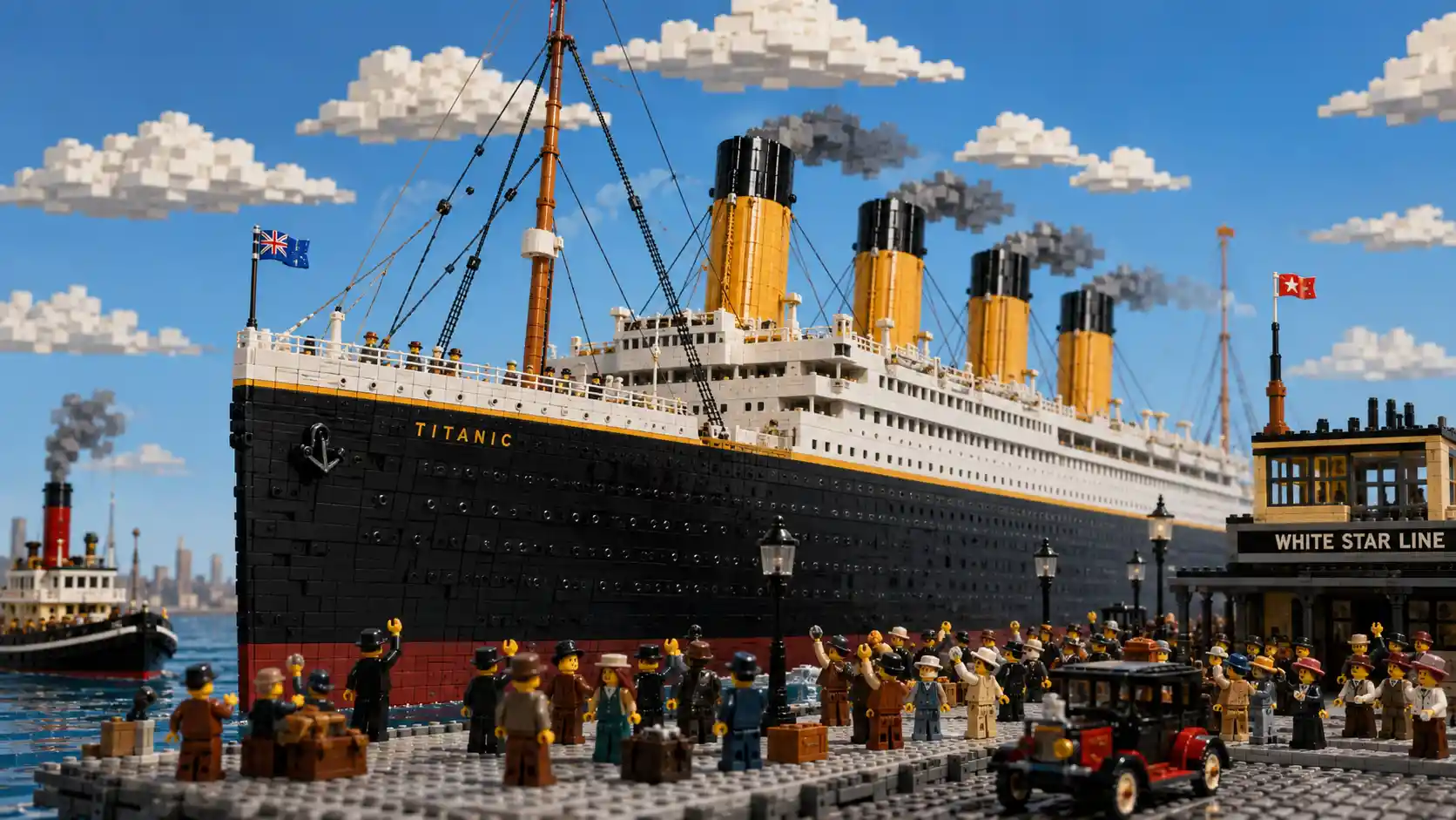 Titanic ocean liner departure built from plastic bricks