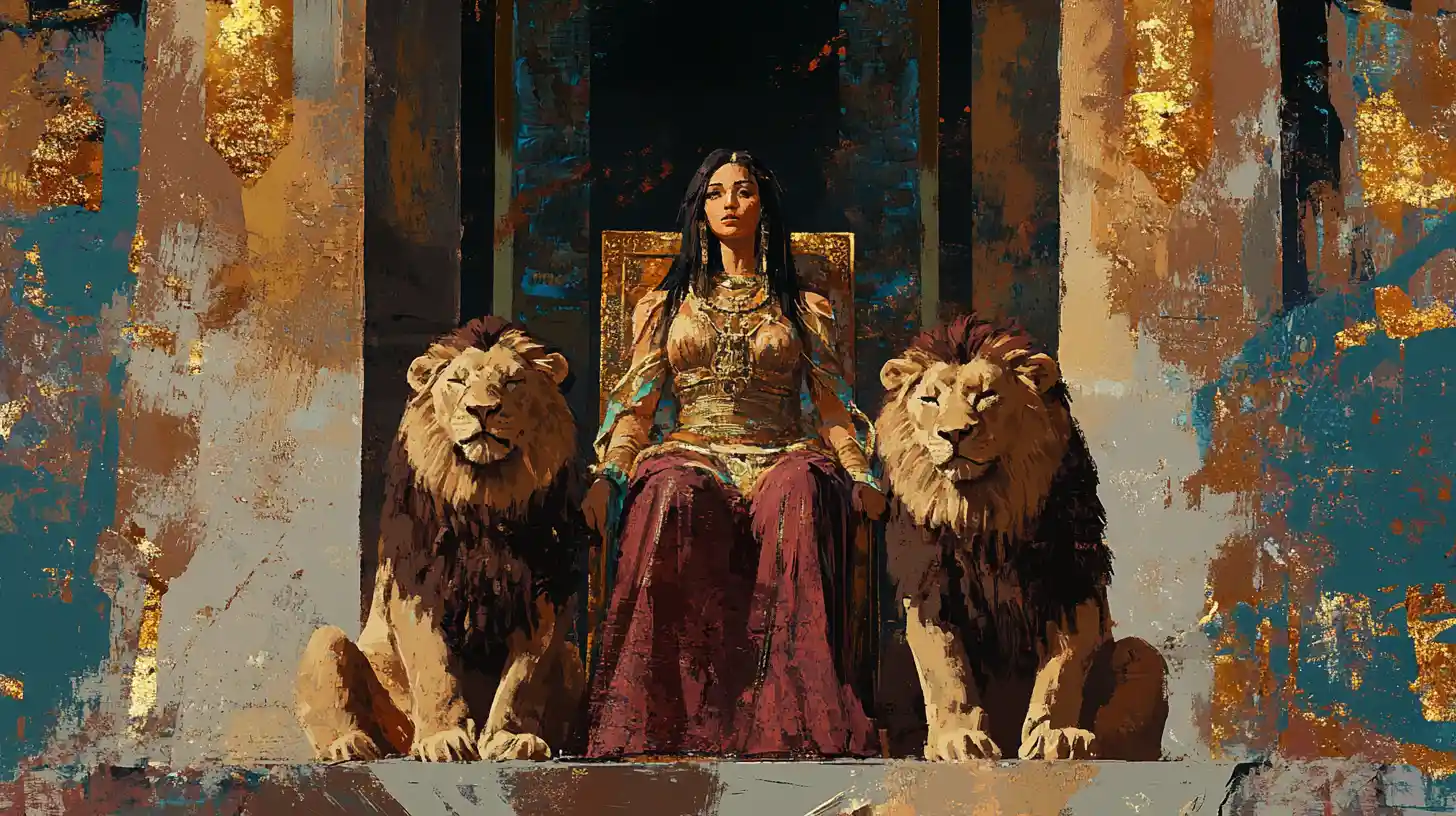 Princess on a throne with lions in Assyrian palace