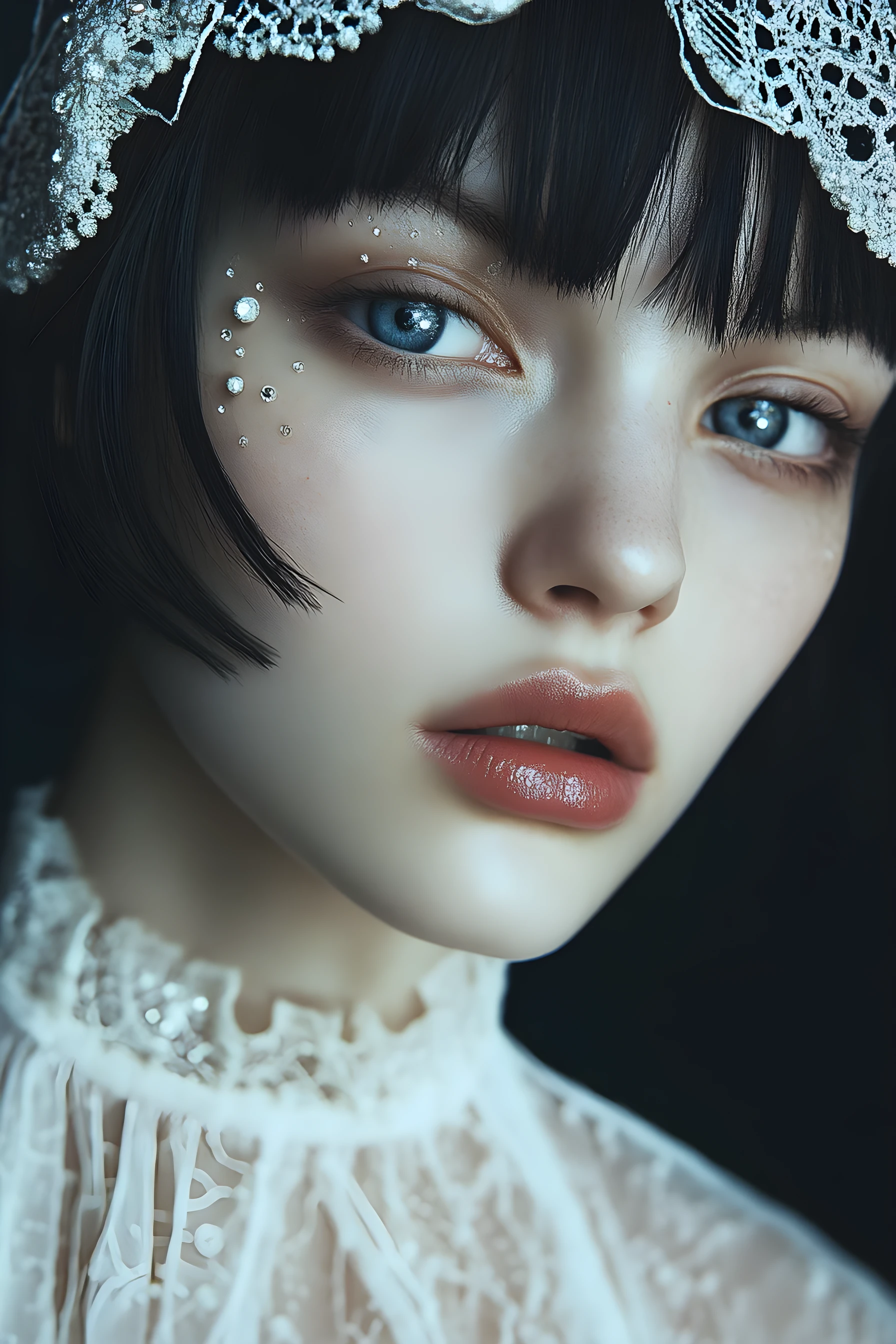 Retrato em close de uma mulher serena com styling de beleza couture