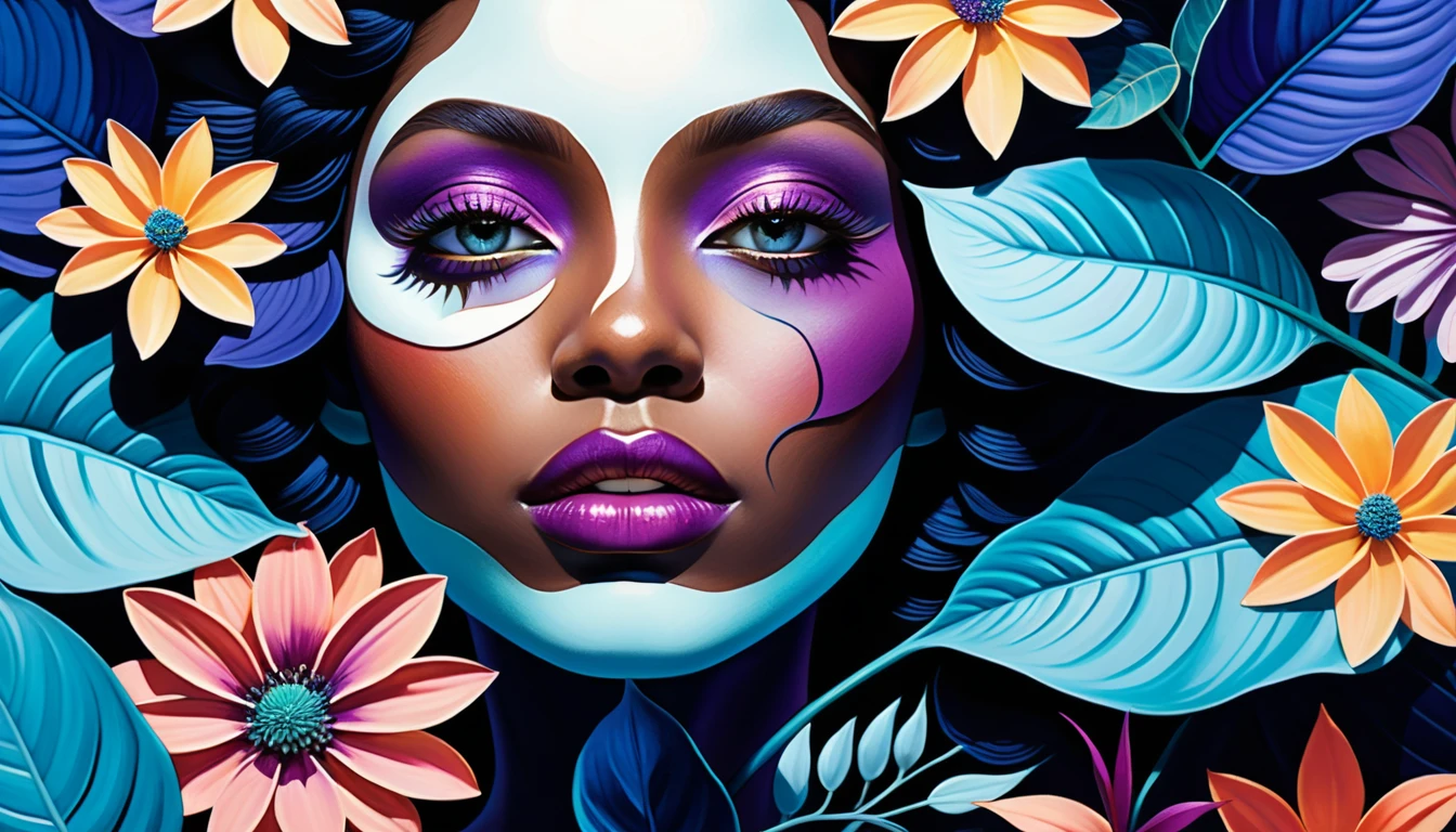 Retrato surreal em close de mulher em um mundo floral exuberante