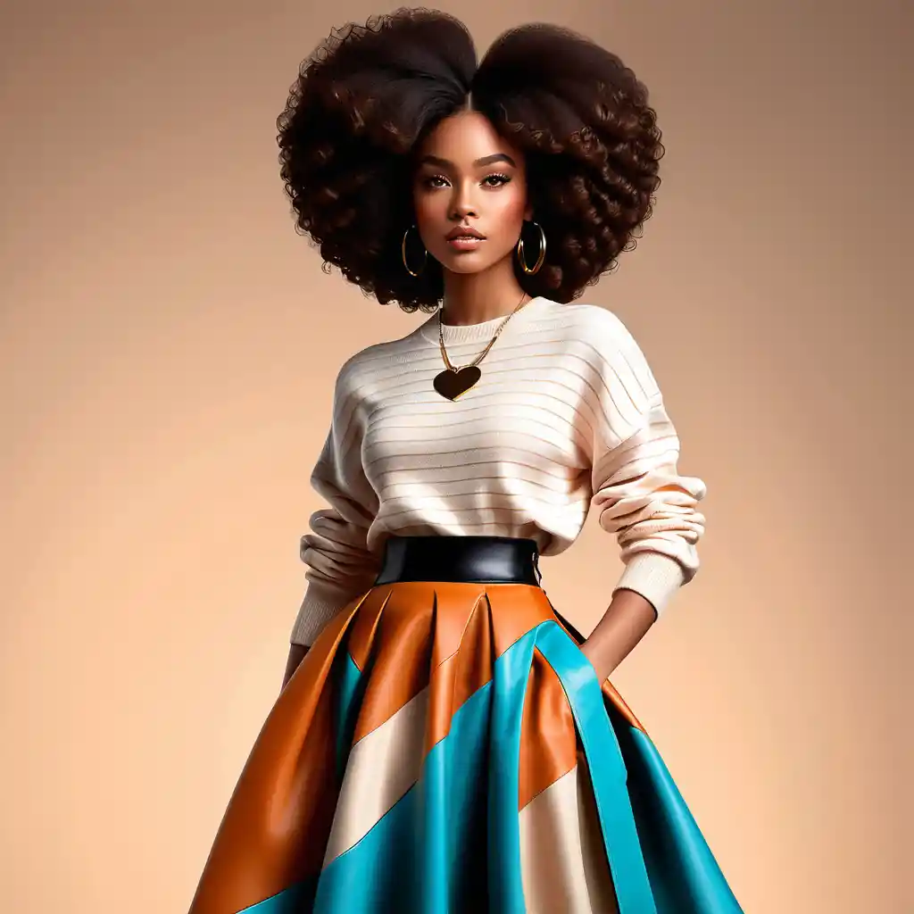 Stylische Schwarze Frau mit herzförmigem Afro und auffallendem Rock