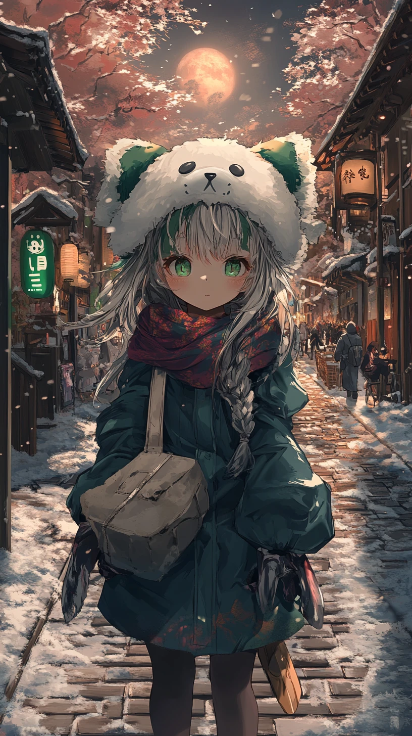 Chica de anime de cabello plateado con ropa de invierno y bufanda roja ondeando