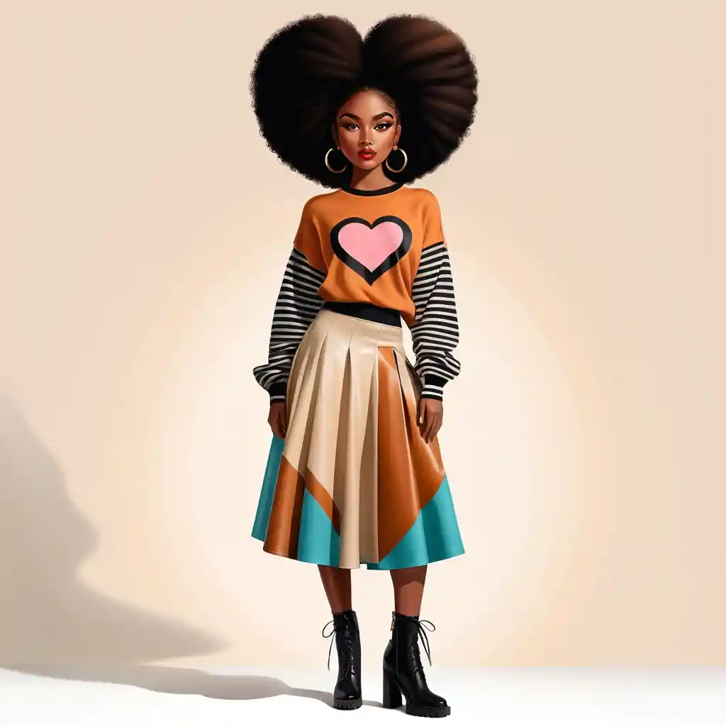 Mujer elegante con afro en forma de corazón y falda floral llamativa