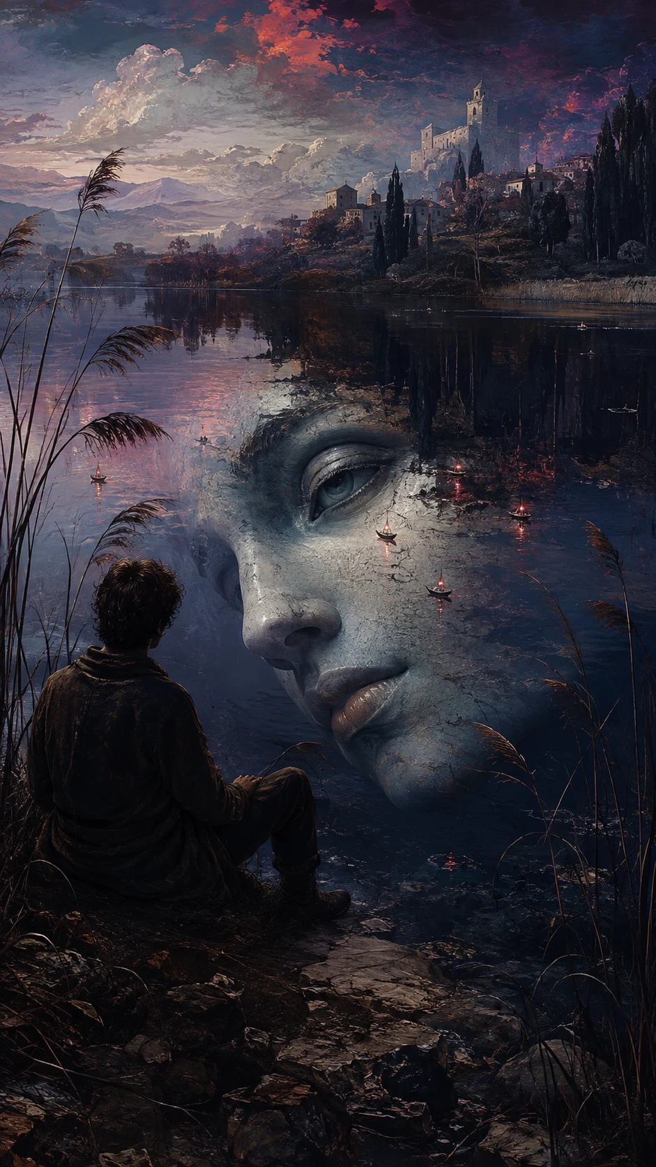 Traveler By A Black Lake Facing A Vast Ancient Face