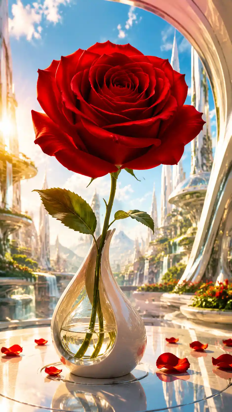 Única rosa roja en una vibrante ilustración digital futurista