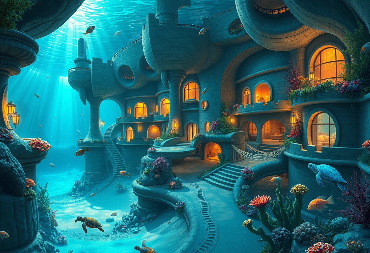 Fantasy Underwater Resort Village With Glowing Coral Lanterns