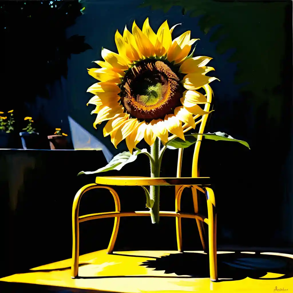 Immense tournesol penché au-dessus d’une petite chaise de jardin