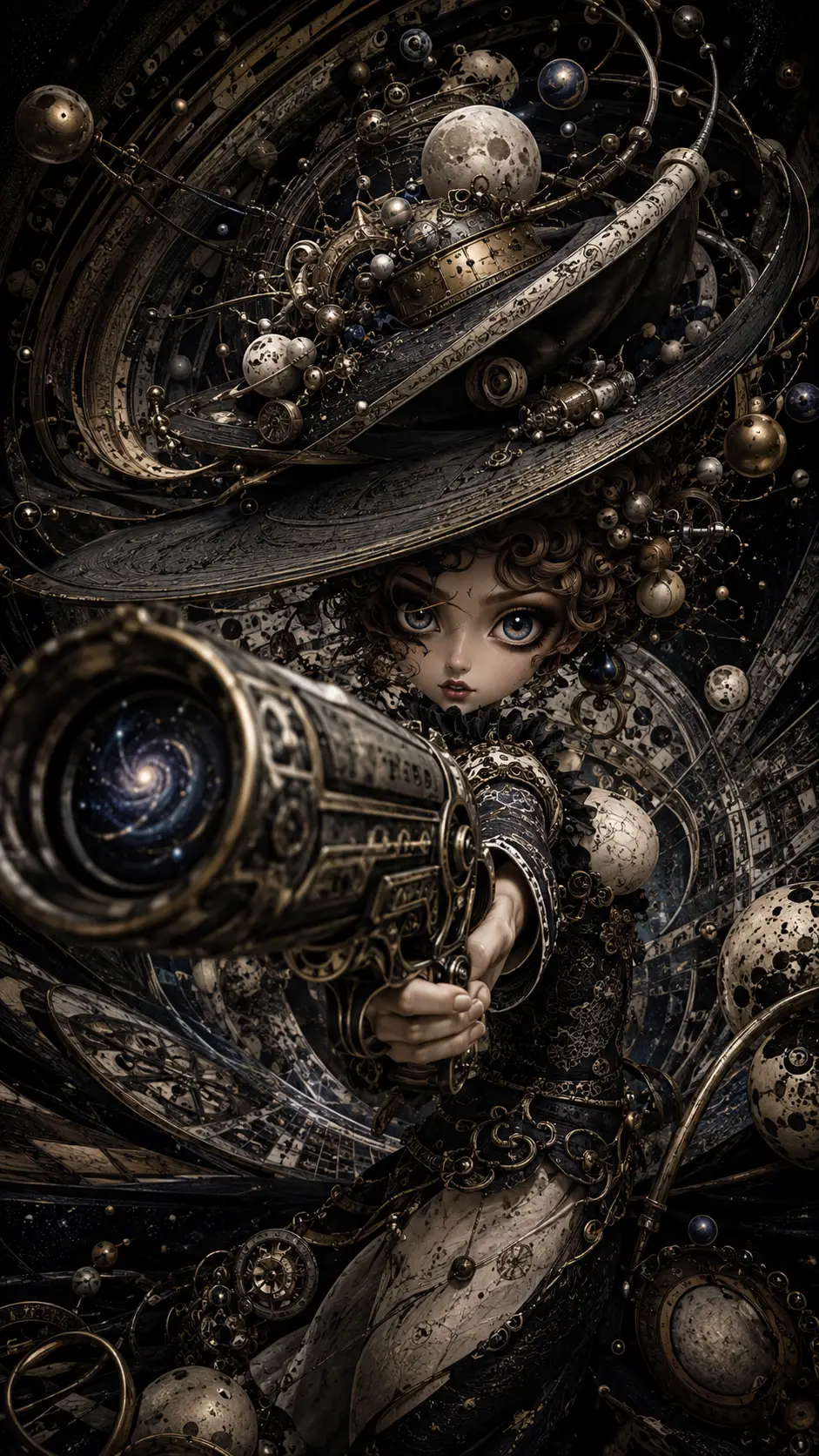 Miniature gunslinger woman in a surreal cosmic machine