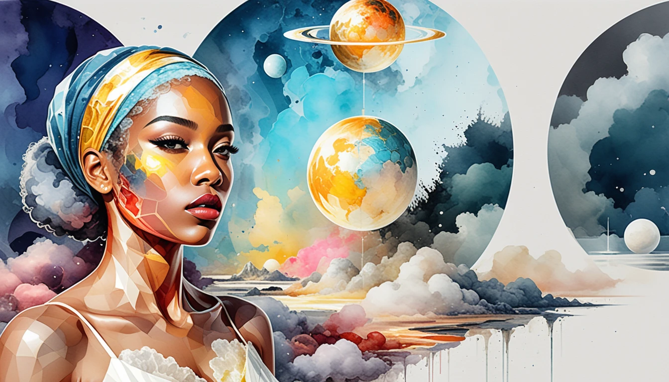 Retrato geométrico surreal de uma mulher negra em espaço espelhado