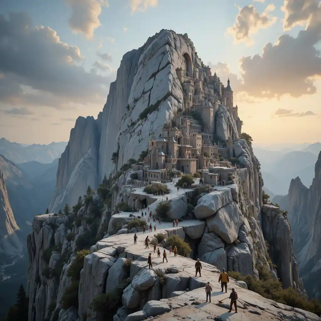 Tiny climbers scaling a colossal granite mountain face