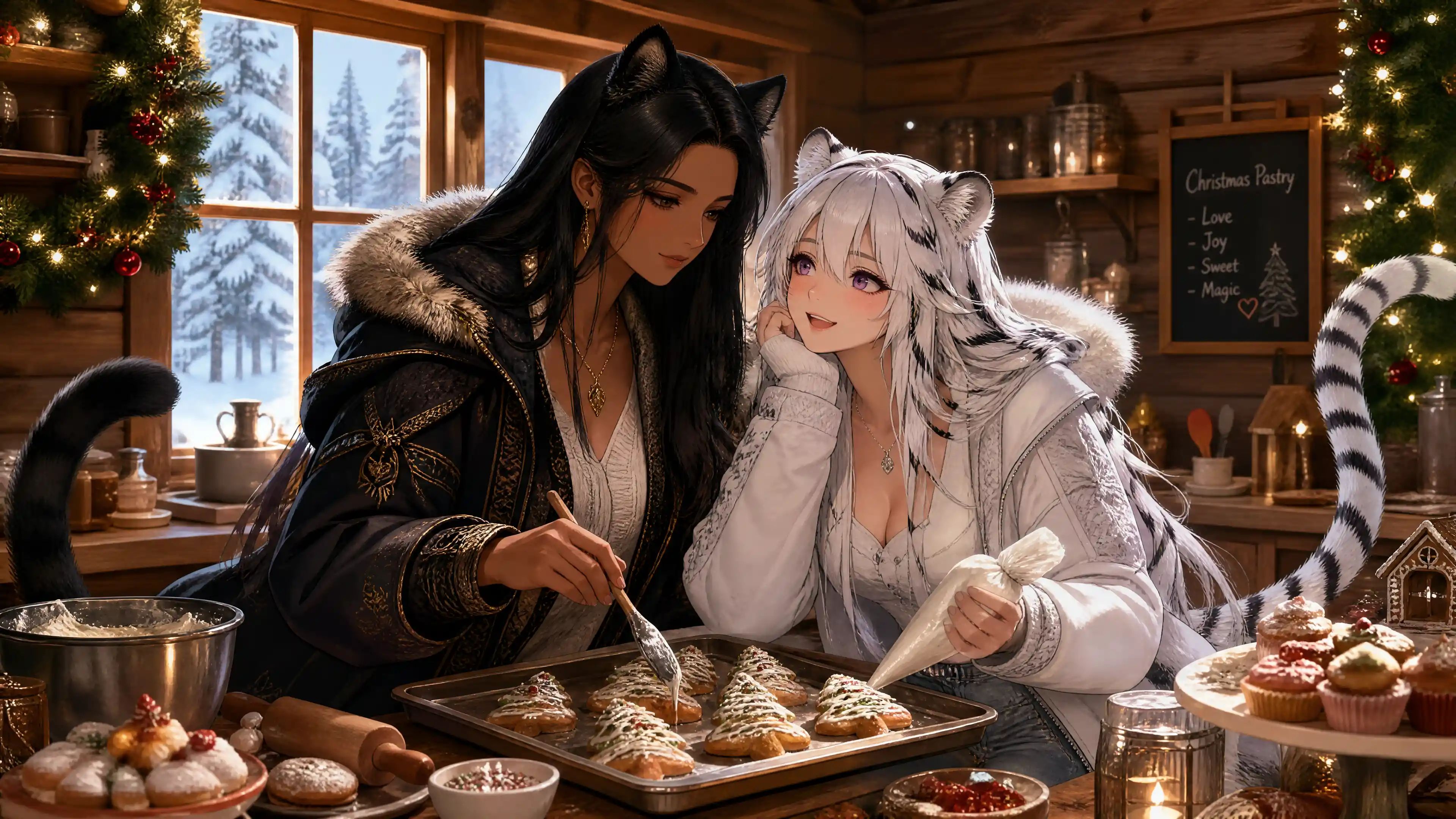 Two fantasy women baking pastry in a cozy kitchen