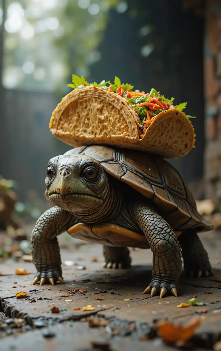 Whimsical turtle slowly walking with tacos on its shell