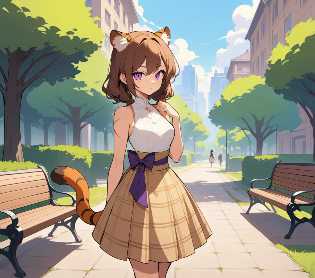 Confident tigress woman standing in a tranquil city park