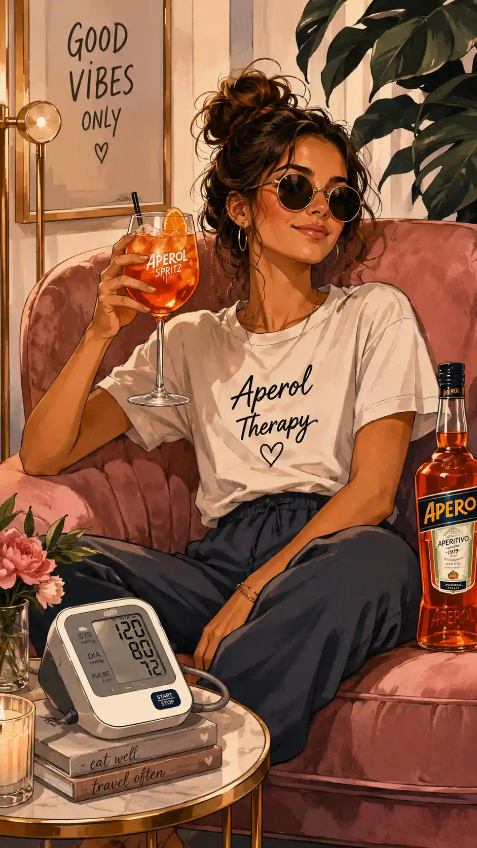 Femme se relaxant avec un Aperol Spritz dans un fauteuil rose