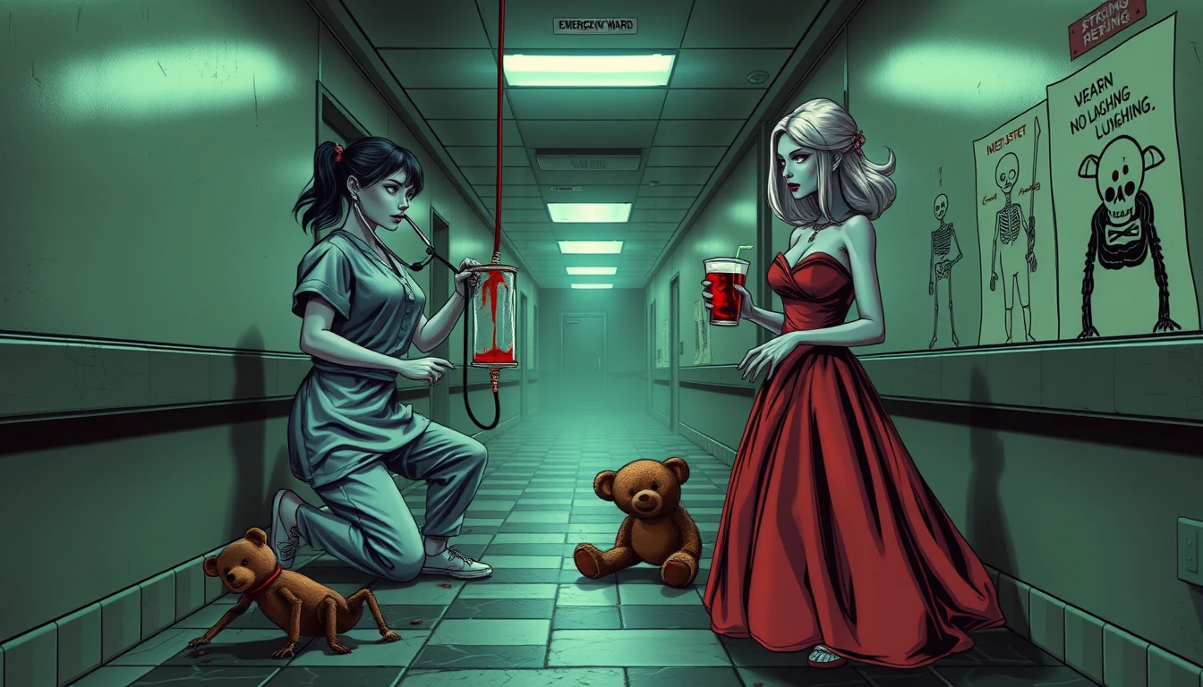 Nurse checking skeletal patient in eerie hospital corridor