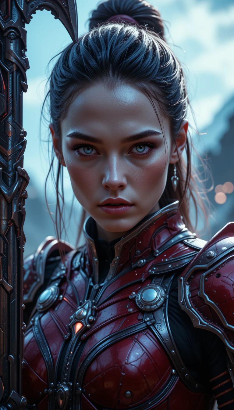Mulher de ficção científica feroz em armadura viking bioengenheirada
