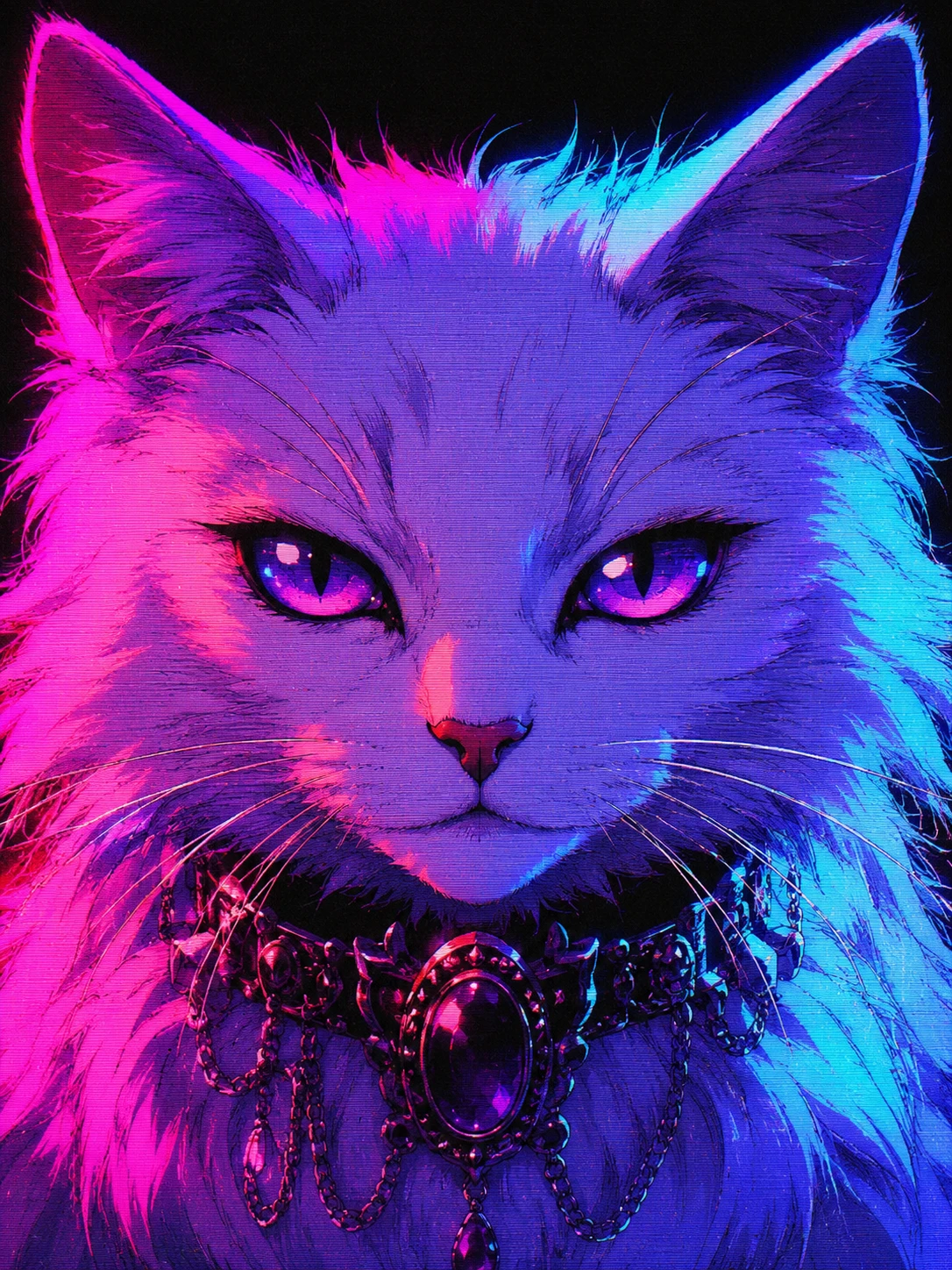 Retrato em close neon anime de um gato gótico branco