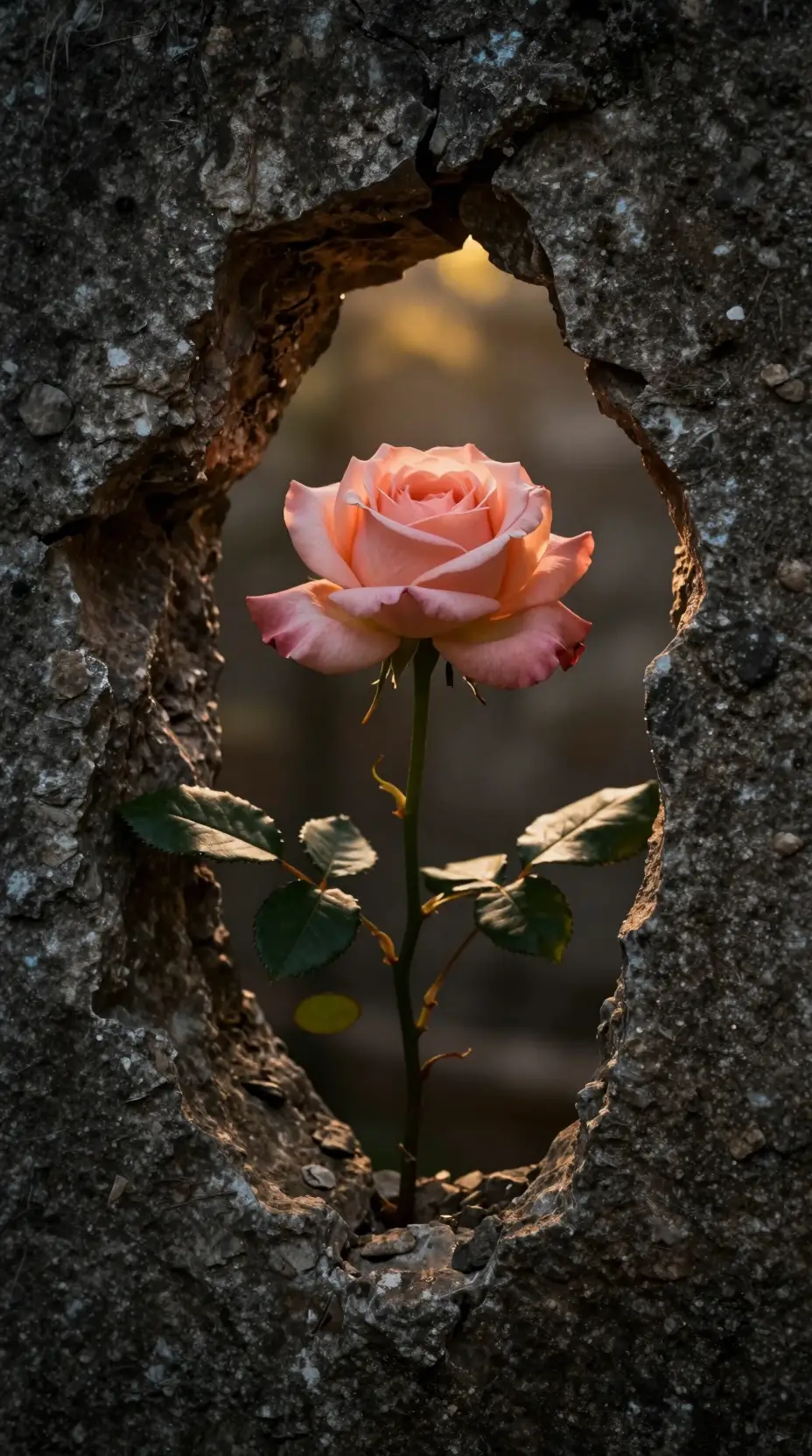 Rosa color pesca solitaria che sboccia da un muro di pietra grezzo