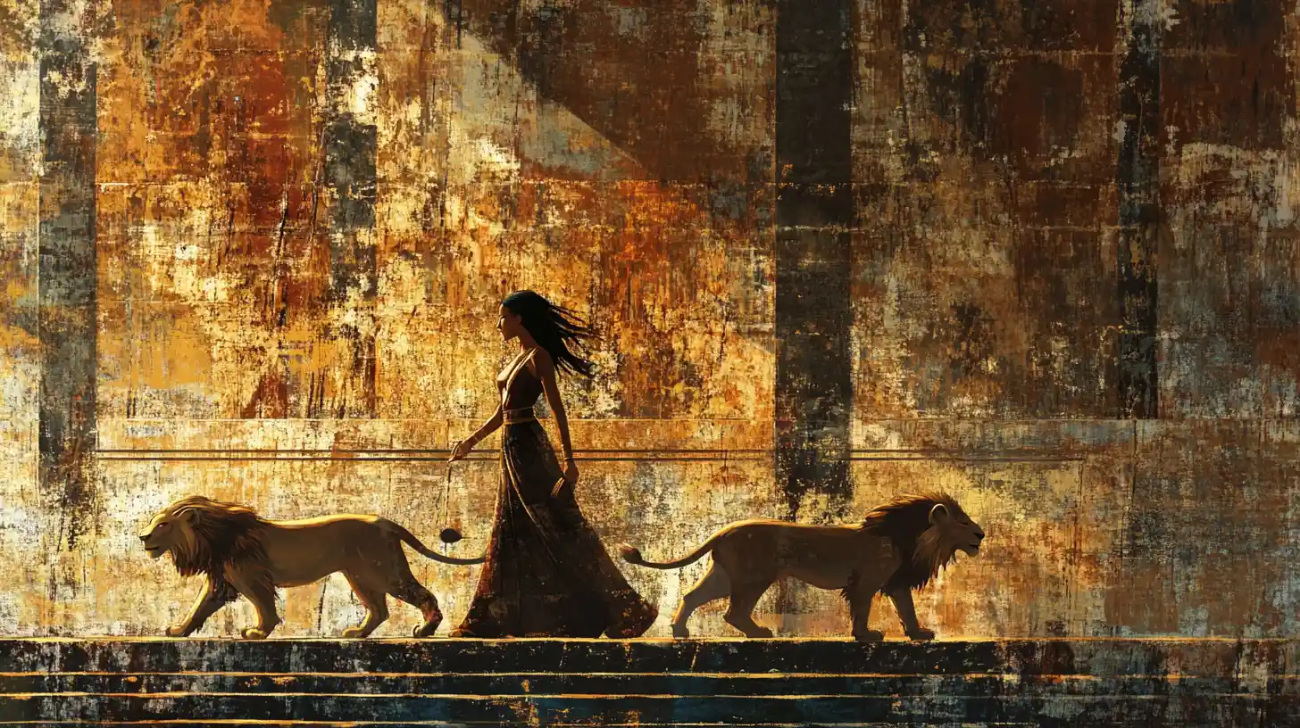 Elegant woman walking pet lions in Assyrian palace painting
