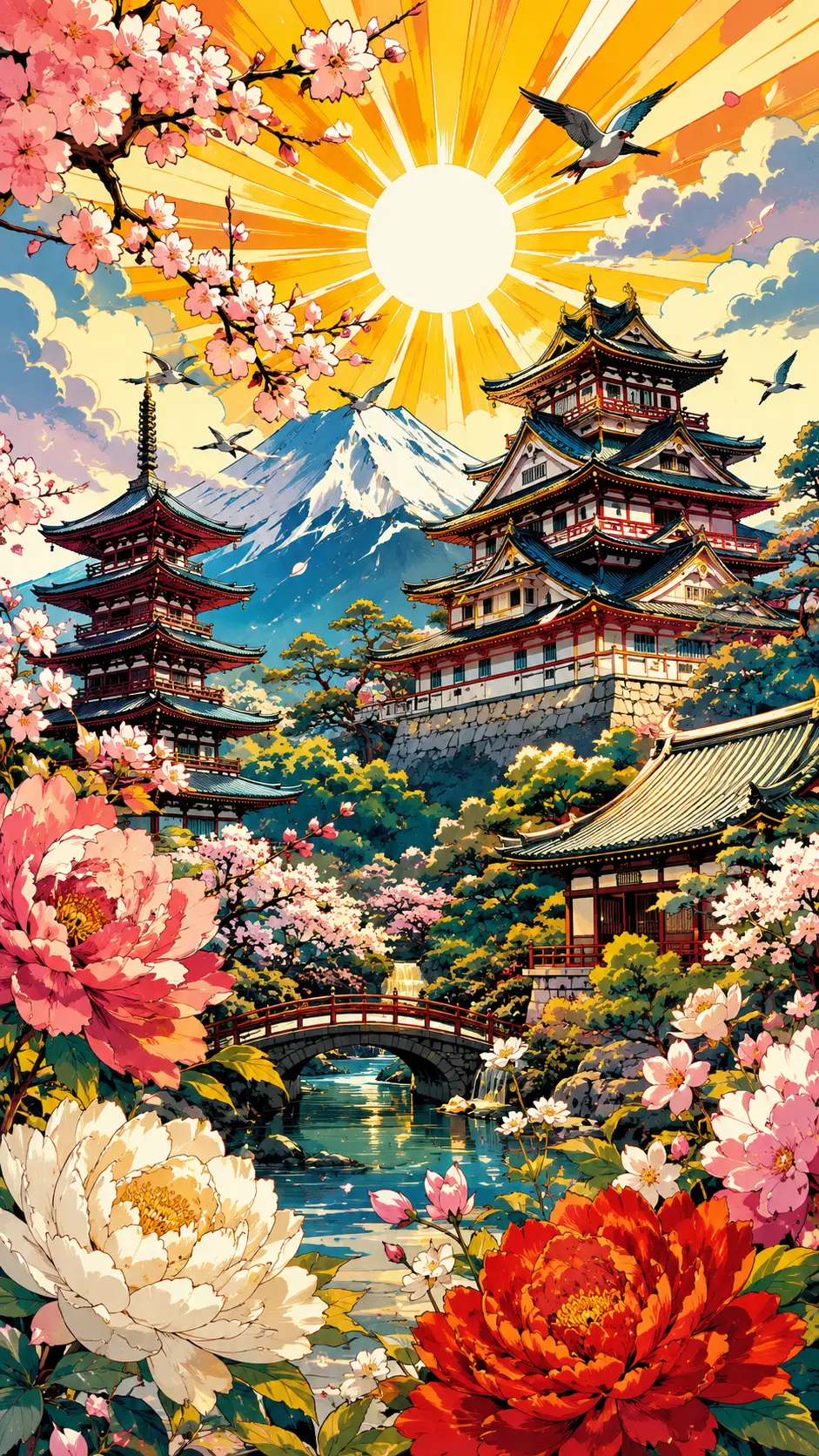 繽紛花海中的歷史日本建築城市景觀