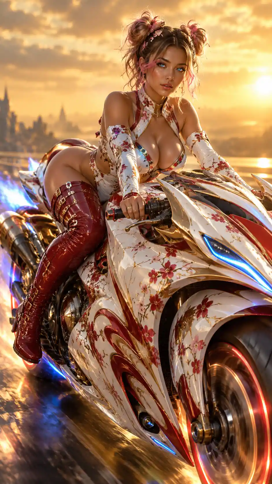 Femme futuriste sur moto blanche inspirée d’un dragon