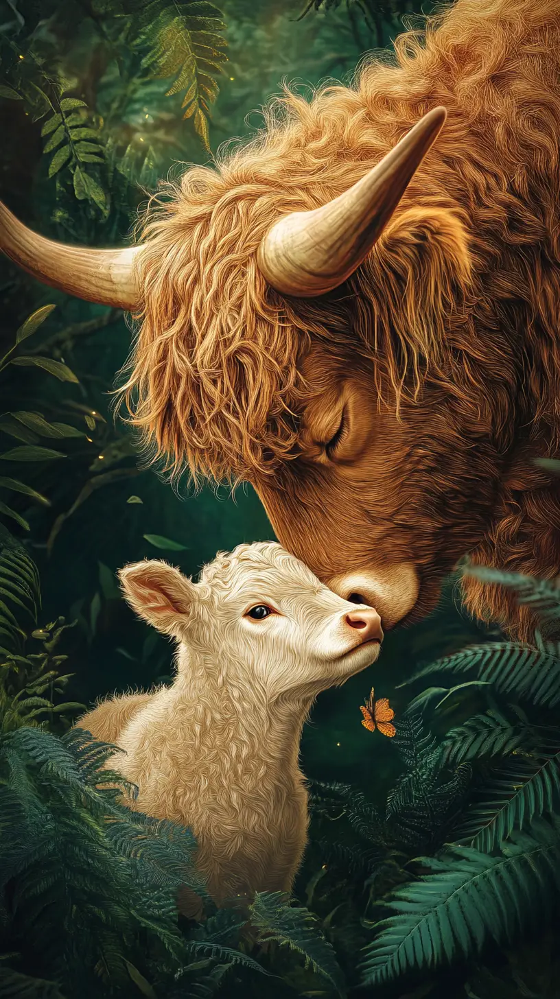 Highland cow nuzzling newborn calf in enchanted forest
