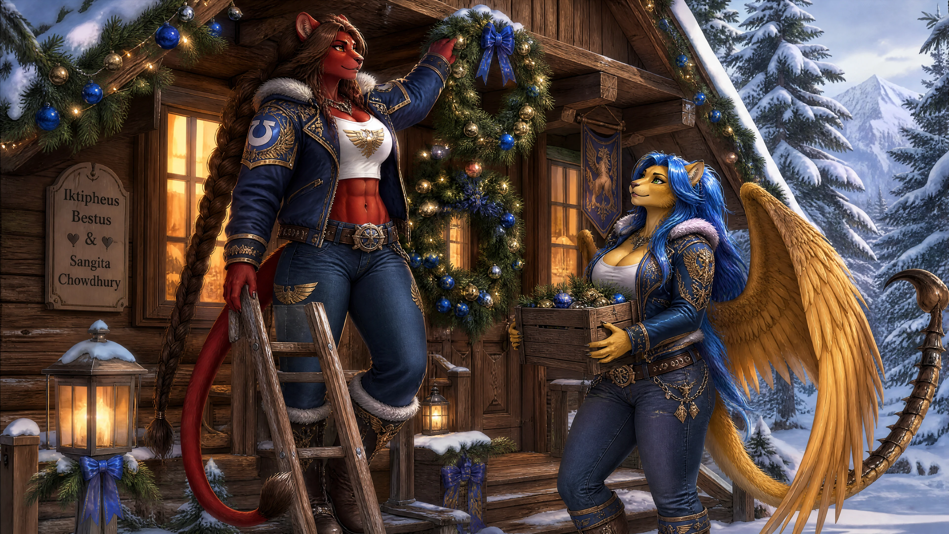 Fantasy lion and manticore women decorating a snowy cabin