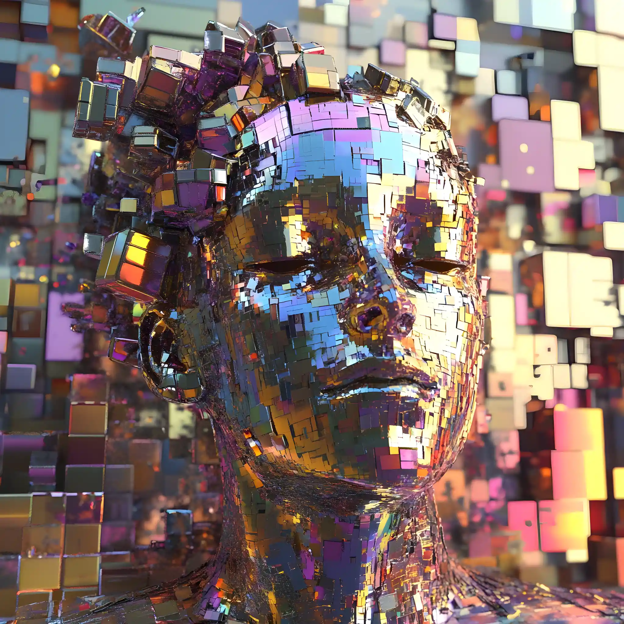 Fénix voxel emergiendo de un mundo colorido de cubos geométricos