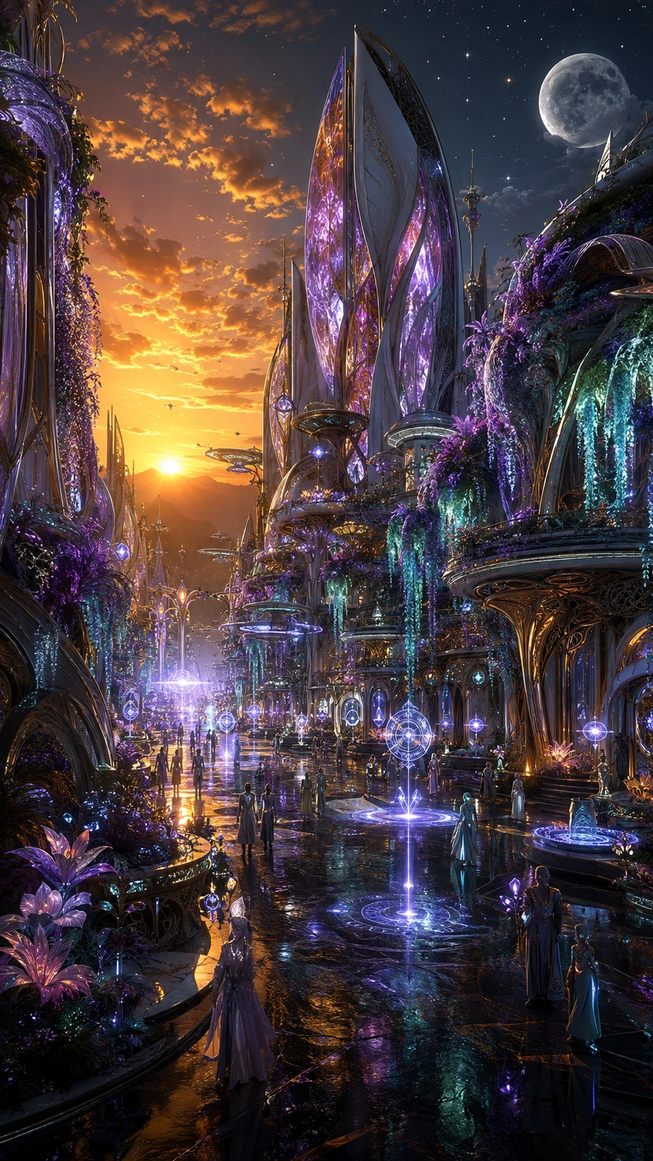 Cinematic sci fi boulevard in a glowing lunar metropolis