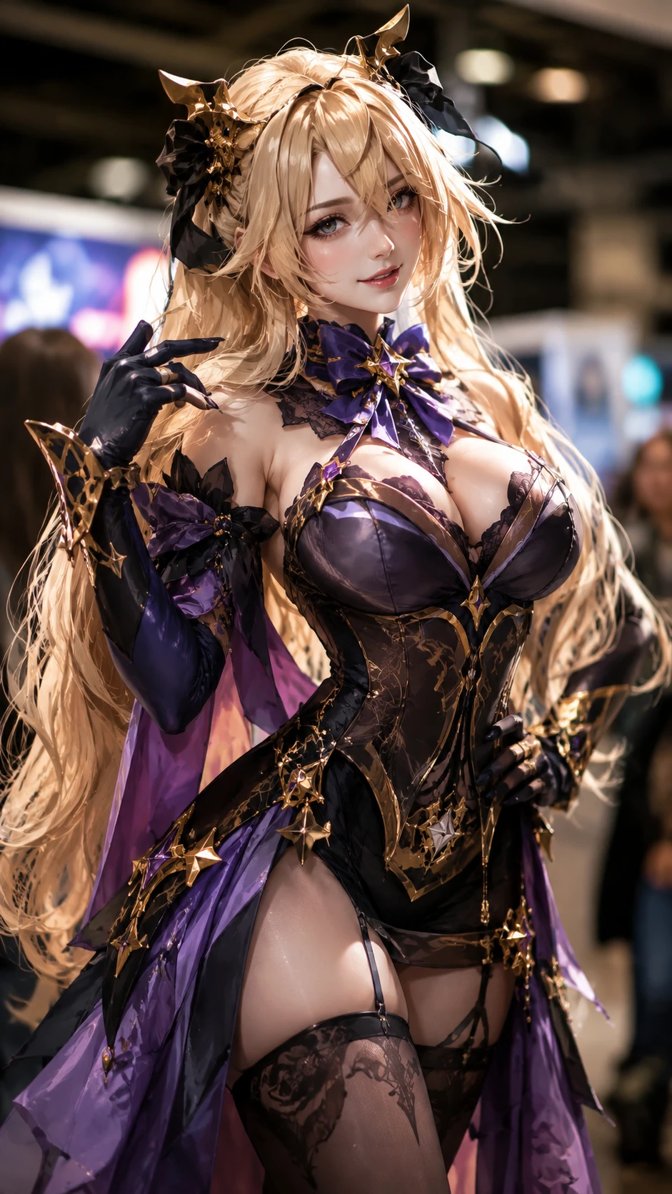 Cosplayer de anime posa com confiança em uma convenção movimentada