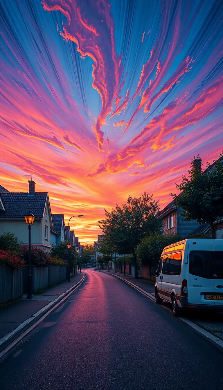 靜謐郊區住宅街上方的繽紛黃昏天空