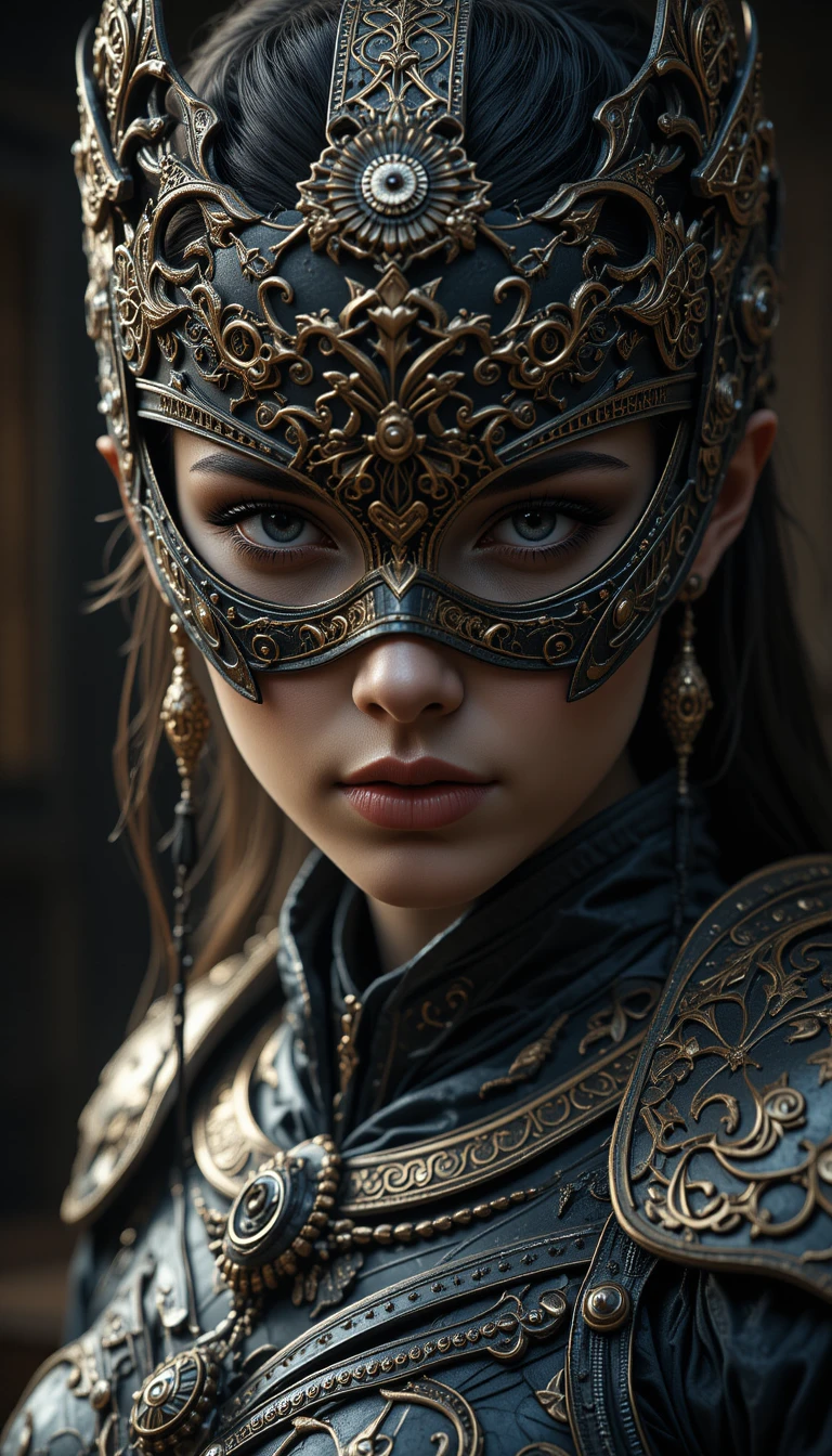 Guerrière masquée en armure noire et dorée ornée