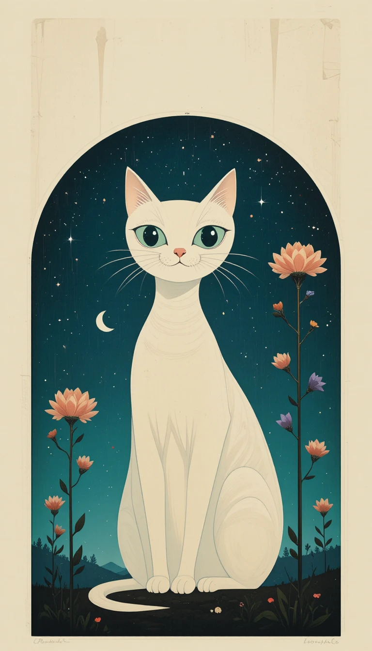 Silhueta minimalista de gato em uma cena noturna onírica e surreal