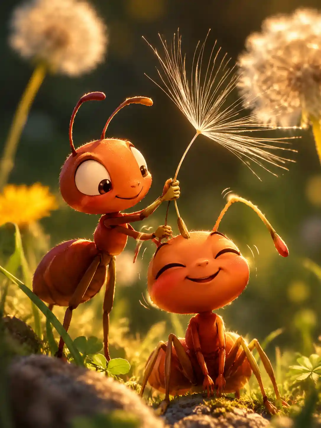 Cute cartoon ants relaxing under a bright dandelion meadow