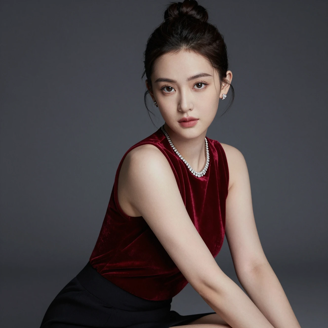 Elegant woman in red velvet top studio portrait