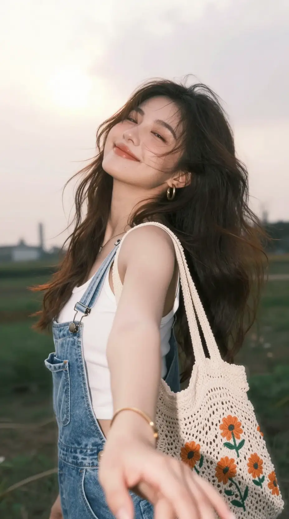 카메라를 향해 손을 뻗는 데님 멜빵바지를 입은 웃는 소녀