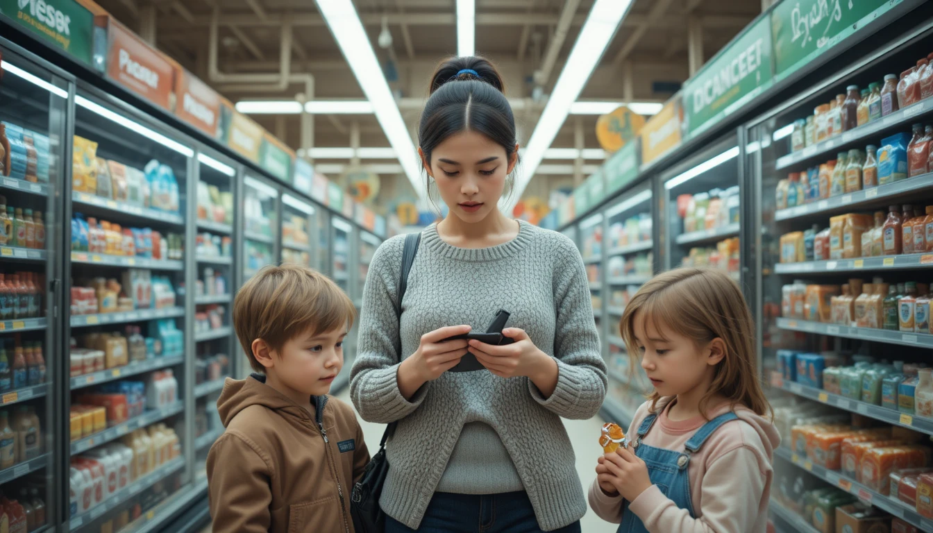Concerned young mother with children at supermarket discount counter