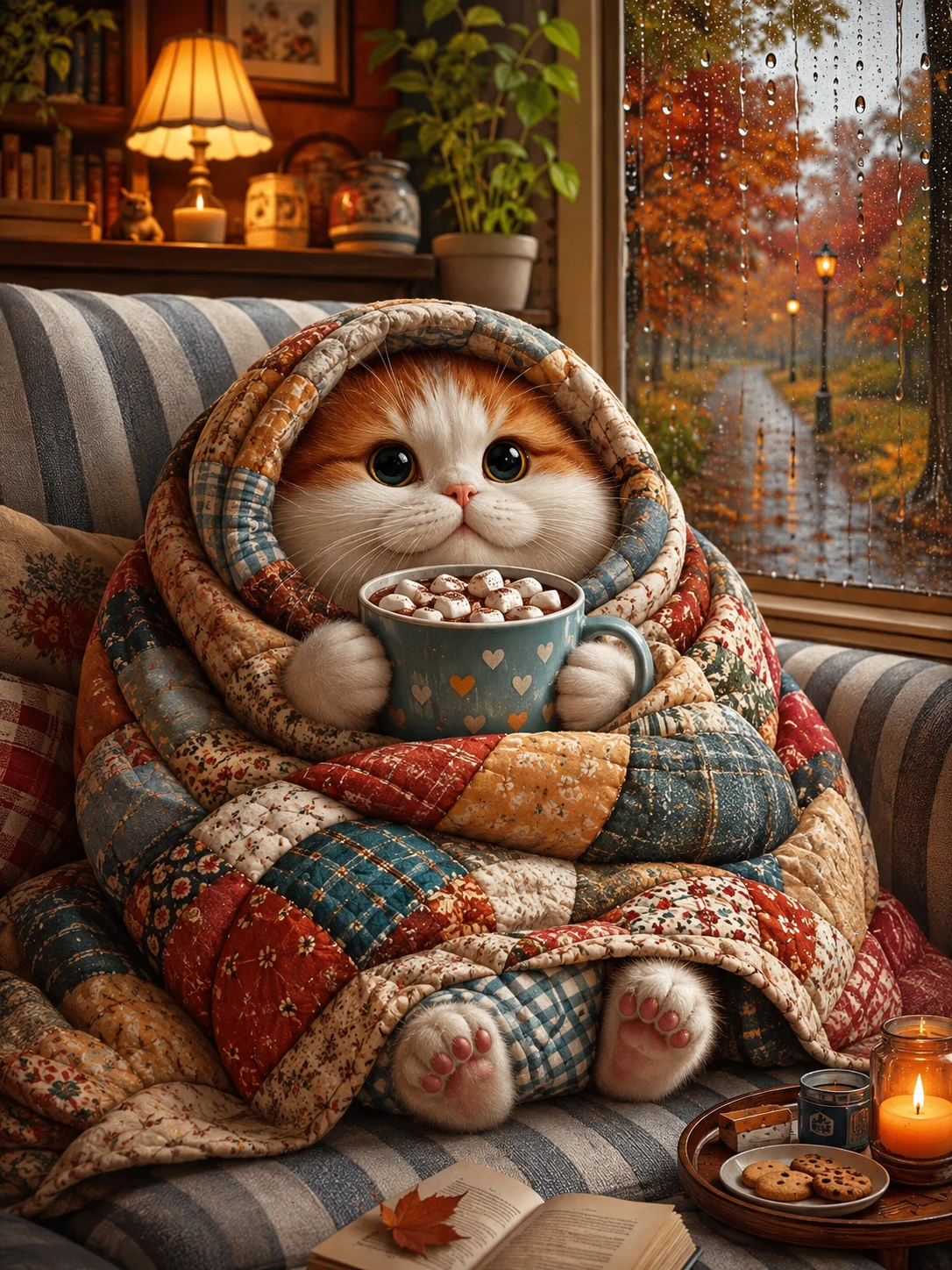 Chat dessin animé cosy avec chocolat chaud sur canapé rayé
