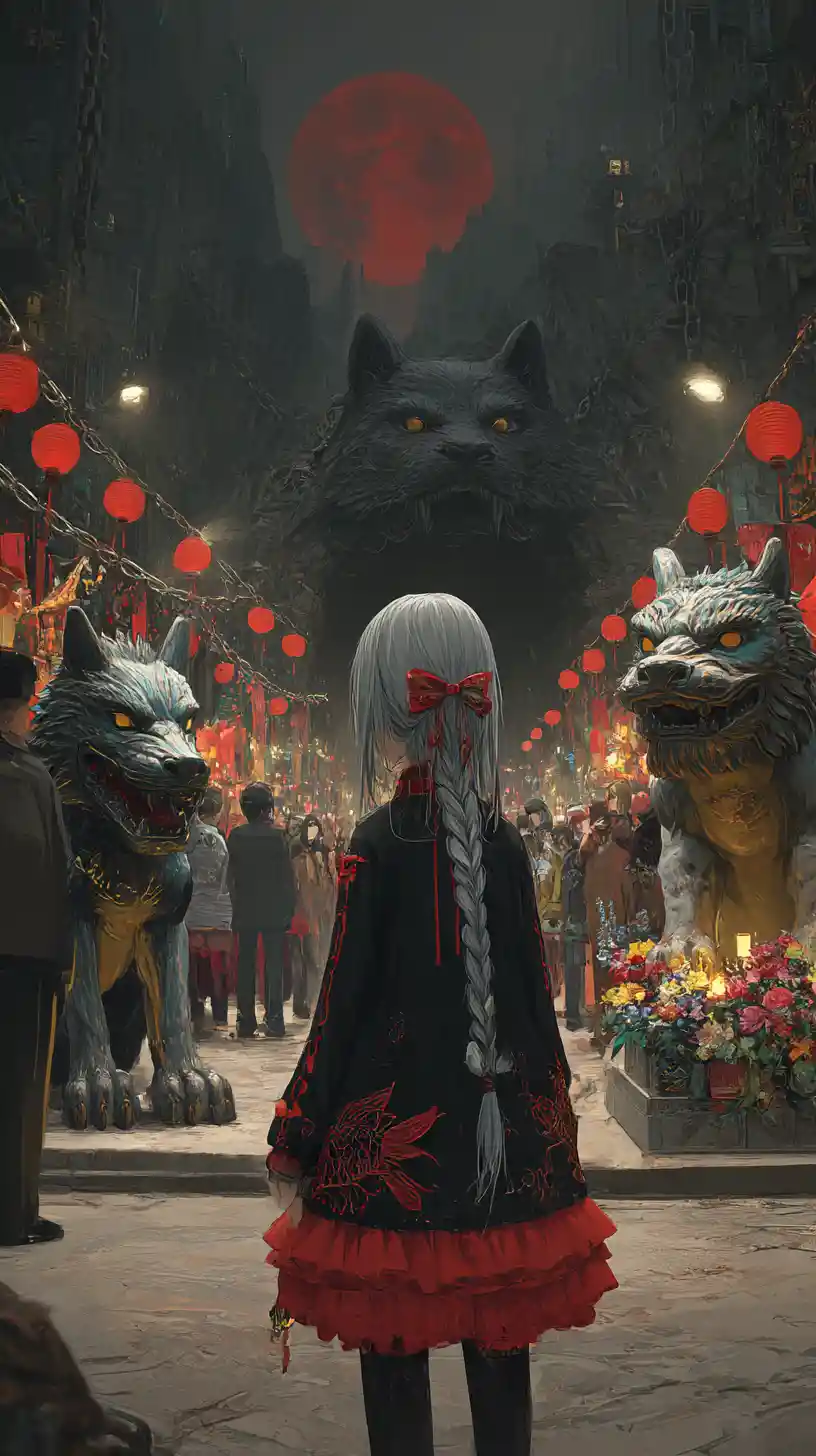 Fantasy carnival street under a red moon with masked crowd