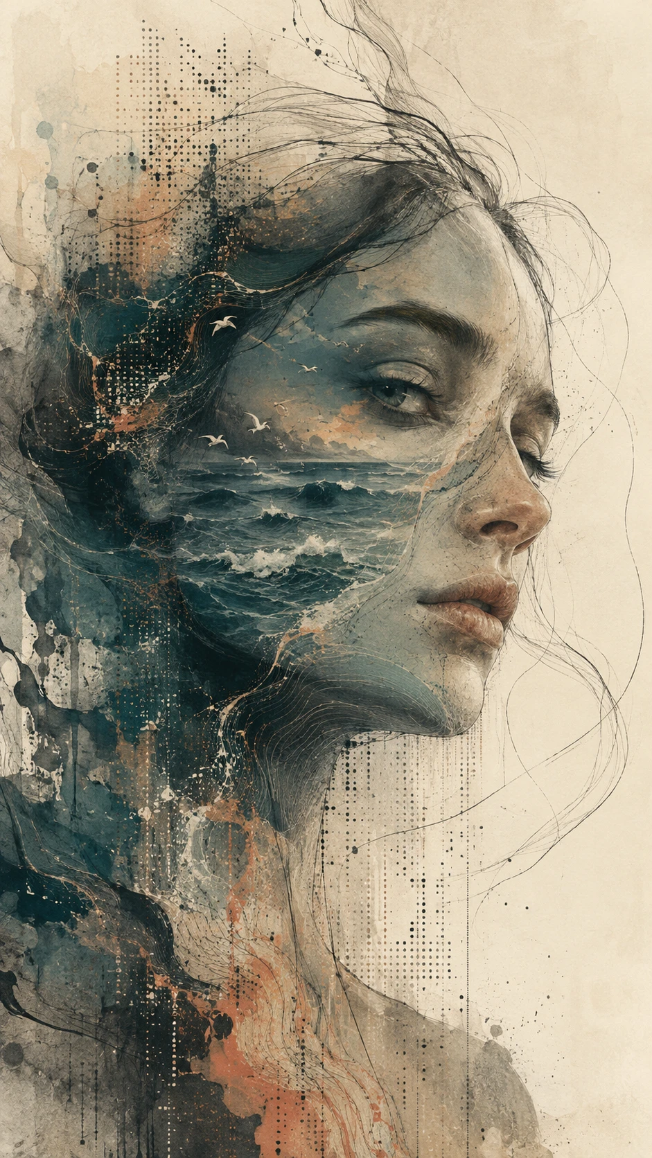 Retrato surreal de uma mulher com um oceano em seu interior