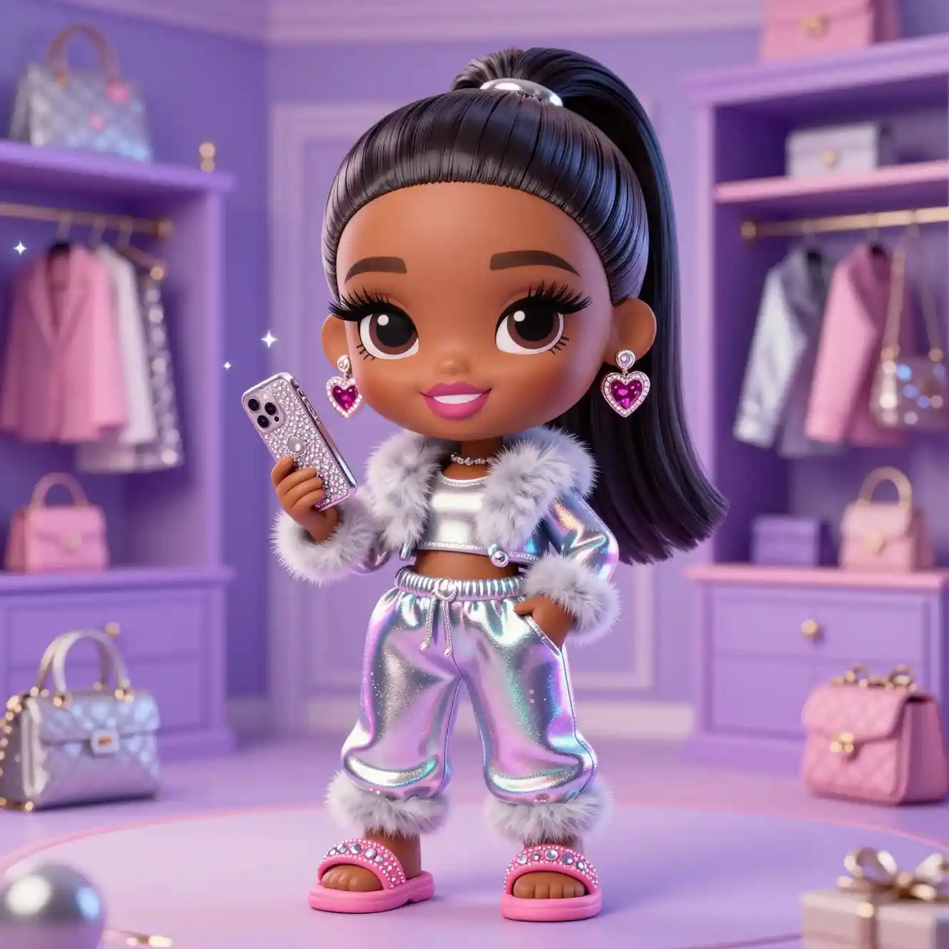 3D-Chibi-Black-Girl in glamourösem Luxus-Kleiderschrank
