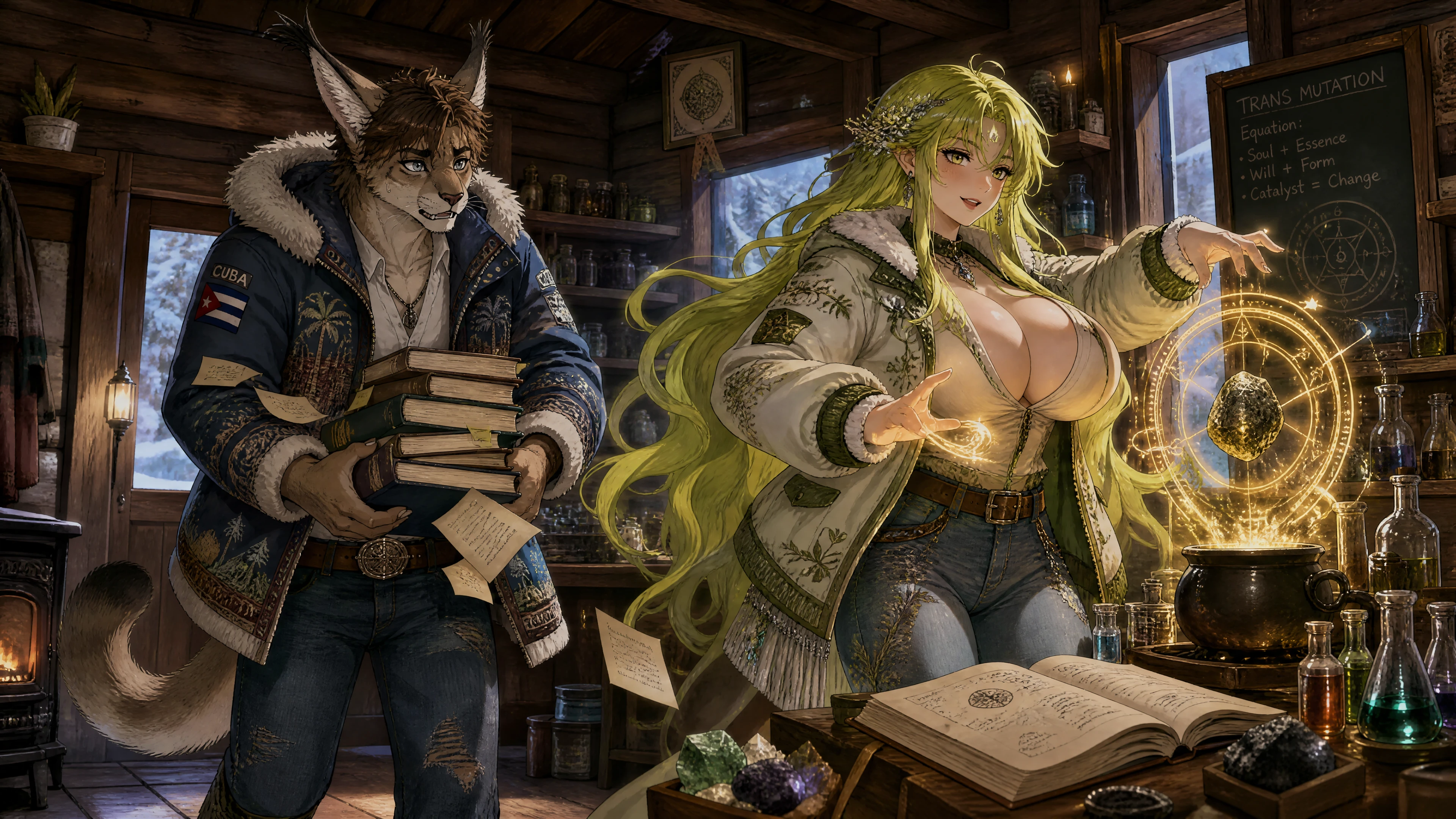Anthro-Karakal und Nymphe in einer verschneiten Hüttenszene mit Alchemie