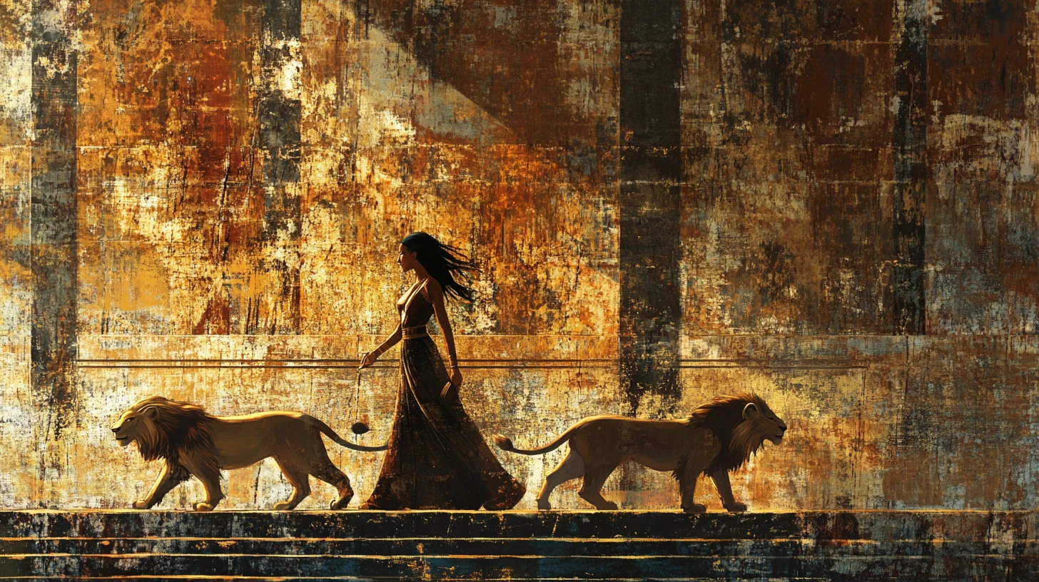 Mulher elegante passeando com leões de estimação em pintura de palácio assírio