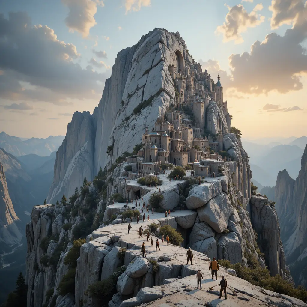 Tiny climbers scaling a colossal granite mountain face